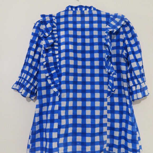 PIOMBO Cotton Check Blue/White Ruffled Top Size Small - Picture 5 of 8
